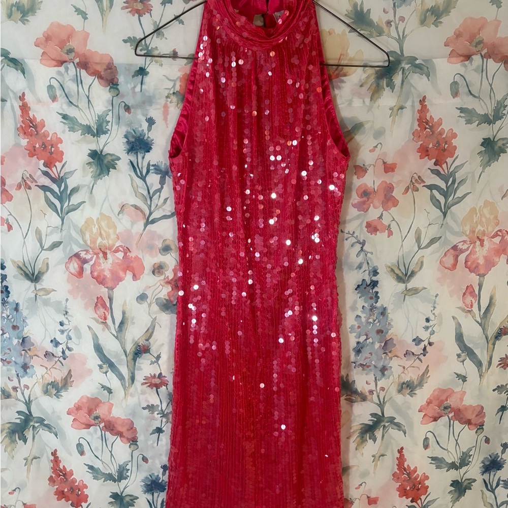 Vintage Pink Sequin Halter Sheath Dress